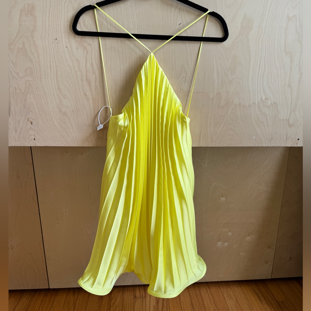 Selezza London Backless Pleated Spaghetti-Strap Mini Dress In Neon Yellow